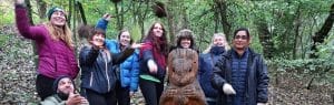 Eight adult participants outdoors on the Forest School Level 1 Training course